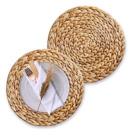 Set of 2 Round Woven Placemats Set of 2, 13.7'' Wicker Chargers for Dinner Plates, Handmade Round 100% Hyacinth Placemats, Heat Resistant Rattan Charger Plates for Rustic Boho Farmhouse Table Decor
