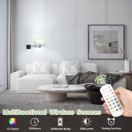 Shenmoyl Battery Operated Wall Sconces Set of 2, Swing Arm Adjustable Wall Lamp 5000 mAh Rechargeable Bulb with 12 RGB Colors Dimmable Wall Sconce for Living Room Bedroom