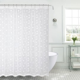 Decorative Sheer Fabric Shower Curtain for Bathroom: White Embroidered Botanical Design Metallic White Threading (Rosalee)