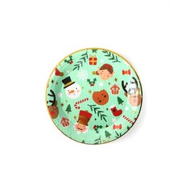 Christmas Plates Pack of 10 Green with Christmas Character Pattern Elf Snowman Reindeer - Fun Kids Christmas Party Table Decoration