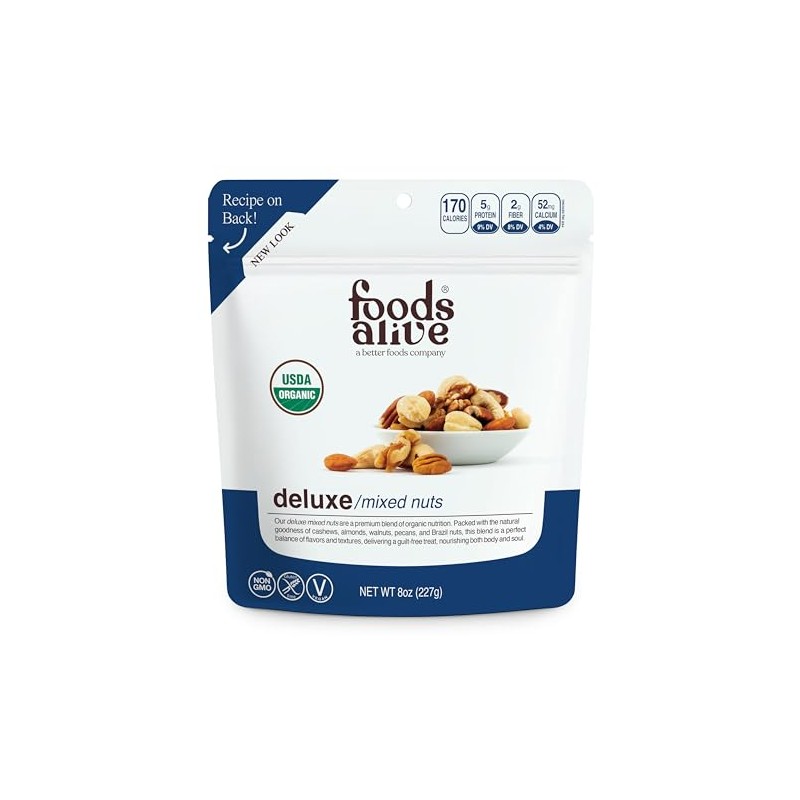 Foods Alive Organic Deluxe Mixed Nuts, 8oz, Kosher Blend of