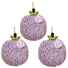 yaocoral Fuzzy Chenille Hand Towel Ball,Hanging Hand Towels for Bathroom,Kitchen Hand Towels with Hanging Loops,Quick Dry,Set of 3(Purple)