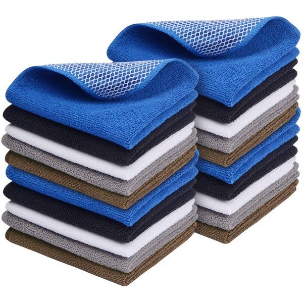 SINLAND Microfiber Dish Cloth Best Kitchen Cloths Cleaning Cloths Poly Scour Side Color Assorted 12inchx12inch (Bluex4+whitex4+greyx4+brownx4+blackx4)