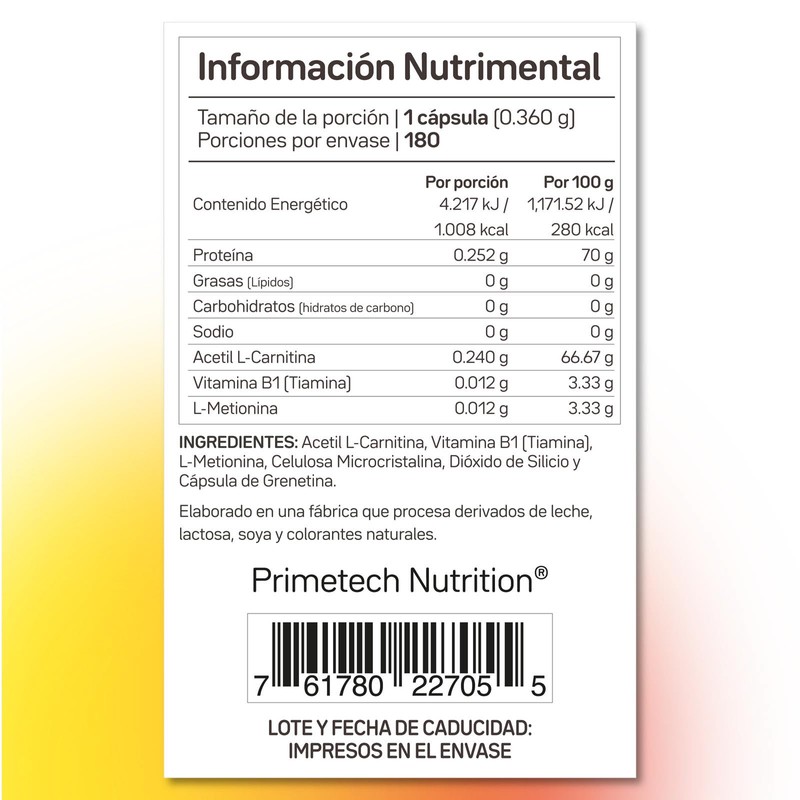 Carnitina 180 cápsulas con 240 mg de ACETIL L CARNITINA