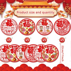Chinese New Year Decorations 2025,20Pcs Year of The Snake Red Window Stickers Spring Festival Clings Decal Lunar New Year Static Removable Fu Character Decoration Door Wall Home Restaurant Store