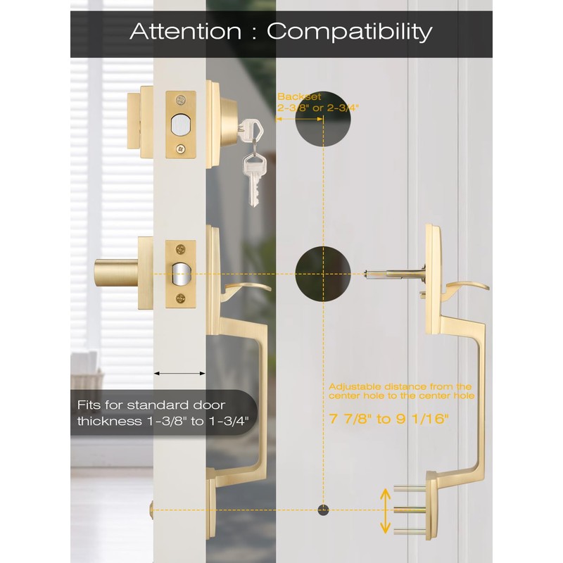 EHOMEWARE Double Front Door Handle Set, 1 Pack Satin Brass