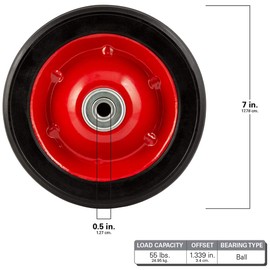 Flat Free Solid Rubber Wheel Assemblies - Replacement Hand Truck Wheels 7x1.5, 1/2” Bore Hole Diameter - Heavy-Duty Solid Rubber Wheels 55 lbs Load Capacity