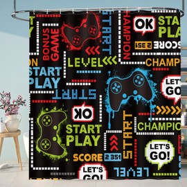 Aimego Game Gaming Kids Shower Curtain - Video Games Gamepad Controller Gamer Cool Shower Curtains Set with 12 Hooks for Adults Boys Bathroom Decor Accessories, 72"x72"