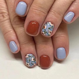 Press on Nails Square Short Fake Nails with Flower Designs Blue Nails Press ons Glossy Glue on Nails Red Brown Acrylic Nails Fall Winter False Nials Artificial Stick on Nails for Women 24Pcs