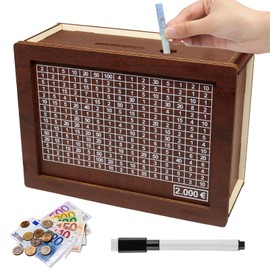 Wooden Money Box for Children, Money Box with Counter for Checking, Money Box with Savings Target and Numbers, Money Box Children, Piggy Bank Reusable with Pen for Adults and Children