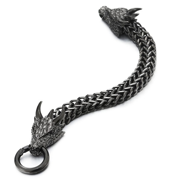 COOLSTEELANDBEYOND Men's Square Franco Curb Chain Bracelet Stainless Steel Dragon