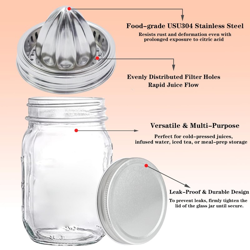 Bigwinyep Mason Jar Juicer Lid, 304 Stainless Steel Manual Juicer