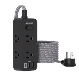 10 FT Black Extension Cord, BESHON Surge Protector Power Strip with 6 Outlets 3 USB Ports(1 USB C), 3-Side Outlet Extender, Flat Plug, Wall Mount for Home, Office, Travel, and Dorm Essential
