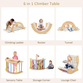 INFANS Wooden Arch Climber Rocker with Soft Cushion, 6 in 1 Montessori Climbing Toys for Toddlers, Waldorf Indoor Table Baby Children Ladder Gym Learning Playset Gift for Kids Boys Girls (Colorful)