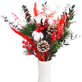 VAIPI 34 Pcs Christmas Dried Flowers Bouquets Christmas Decorations Dry Flower with Artificial Red Berry Stems Pine Cones Pine Branches Eucalyptus for Xmas Vase Floral Arrangements Home Table Decor