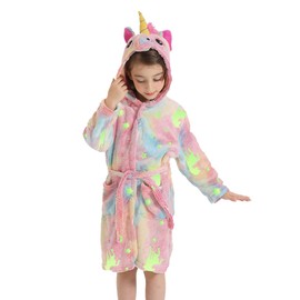 Glow in The Dark Kids Robes for Boys Girls Toddler Warm Fleece Hooded Bathrobe Soft Fuzzy Bath Robes 2-8 Years