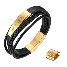 JewelryWe Jewellery Men's Leather Bracelet with Engraving - Handmade, Braided, Multi-Row Stainless Steel Bracelet with Magnetic Closure - Adjustable Cuff Bangle, Stainless Steel, Gold with engraving