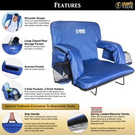 BRAWNTIDE Stadium Seat with Back Support - Thick Comfy Cushion, 2 Bleacher Hooks, 4 Pockets, Arm Rests, Ideal Stadium Chair for Bleachers, Sport Events, Camping, Concerts (Blue, Regular Size)