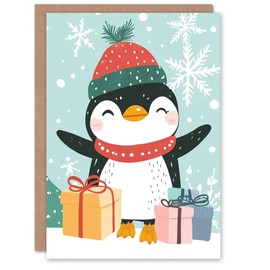 Artery8 Happy Penguin With Winter Hat And Presents For Child Kids Xmas Festive Christmas Card