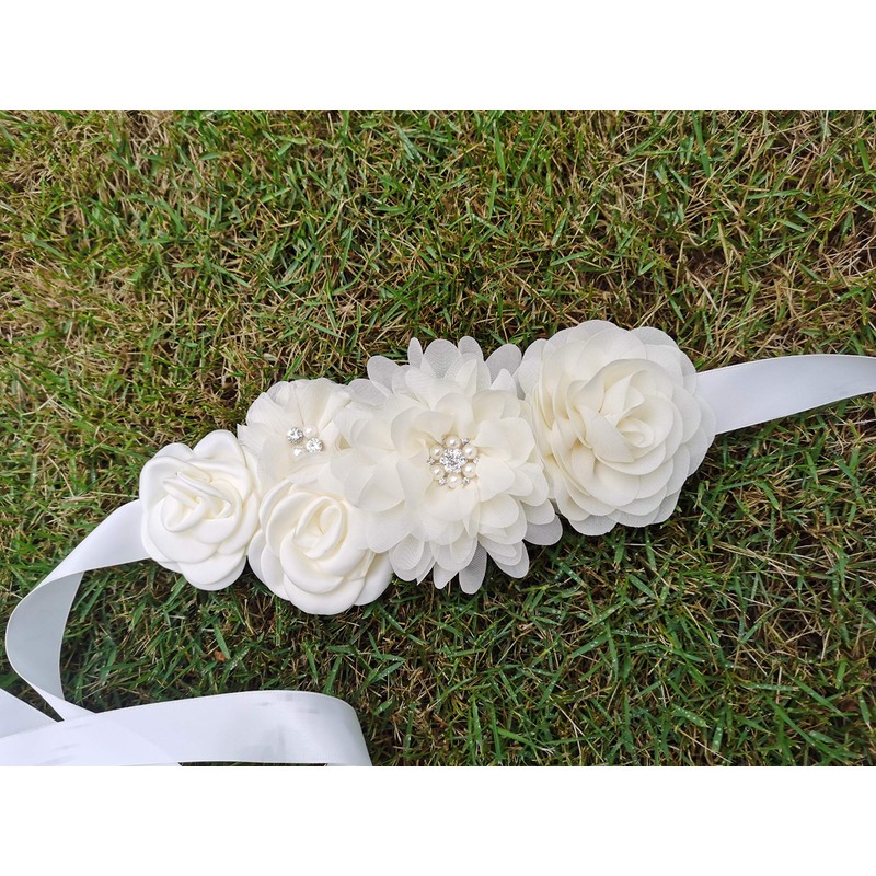 Handmade maternity sash belt with flowers and bow rhinestones decor