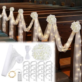 Riceshoot 37 Pcs Church Pew Wedding Decorations with Light White Fabric Tulle Silk Artificial Flower Pew Clips Wedding Aisle Decor for Party Church Ceremony Banquet Reception