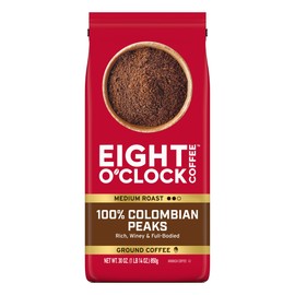Eight O'Clock Coffee 100% Colombian Peaks Ground Coffee, Medium Roast, 30 Ounce (Pack of 1) - Rich, Winey & Full Bodied