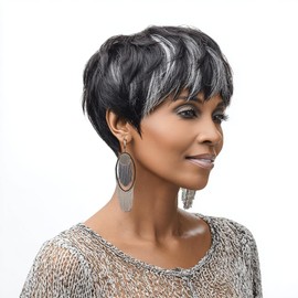BOBCOO Short Black Layered Wavy Wigs For Women Short Wig (Black Mixed Grey)