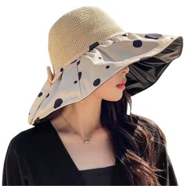 [MEME XTRA] UPF50+ ワイドブリム 水玉柄 帽子 手織り風通気素材 レディース UV99%カット 日焼け防止 首元カバー 軽量 小顔効果 撥水 折り畳み可能 日除けハット リゾート アウトドア×旅行 調節ストラップ 自転車 夏用