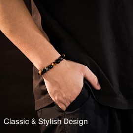 Seyaa - Pulsera de triple protección para el día de San Valentín, para hombre, genuina, con cuentas de ojo de tigre, hematita, ónix, lava y roca, para estrés, trae suerte, prosperidad y felicidad, 7.5