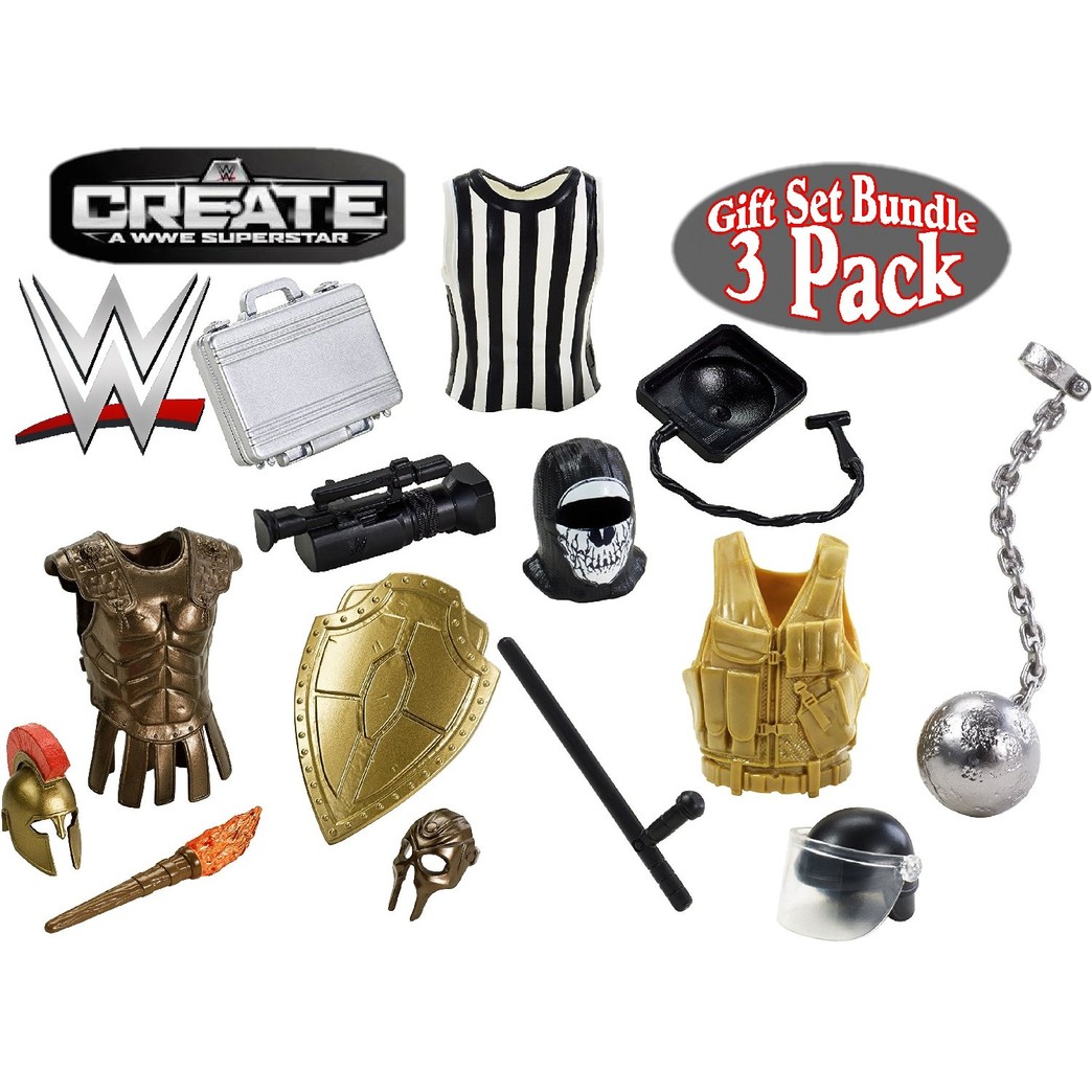 Mattel WWE Create A Superstar Referee, Crime Fighter & Knight Wrestling Accessories Gift Set Bundle - 3 Pack