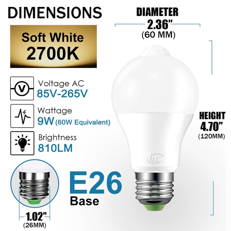 HEKEE Motion Sensor LED Light Bulb 9W A19 PIR Built-in