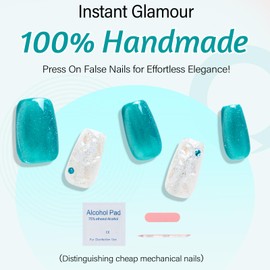 Cihcshe Handmade Nails Press On, Magnetic Coffin Cat Eye Press on Nails Maldives Blue Green, Reusable 10PCS Salon Quality Fake Nails, Advanced Custom Press Ons for Women Summer Party