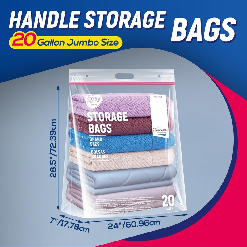 EasyYourHome 20 Gallon Jumbo Zipper Lock Plastic Bags with Handle