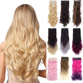Super Deerlet 7Pcs 16 Clips Double Weft Clip in Full Head Wavy Curly Hair Extensions Clip on Silky Synthetic Hairpieces