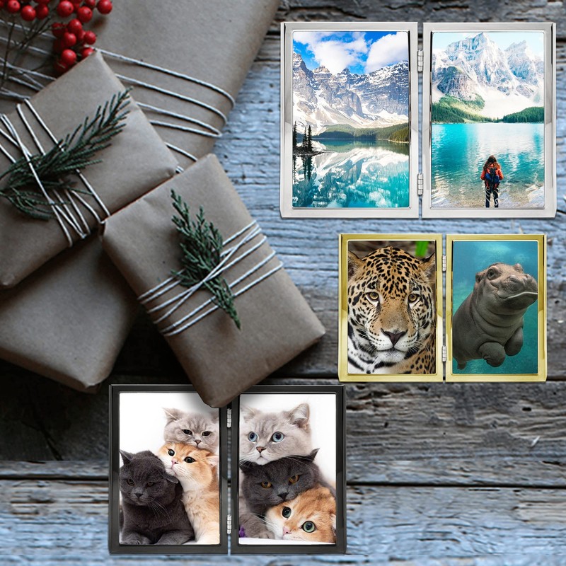 DECANIT 3.5x5 Picture Frame Double Hinged Silver Metal Thin Edge