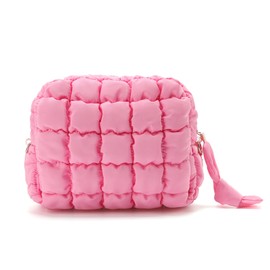 FDINF Puffy Quilted Makeup Bag Small Puffer Bag Cosmetic Bags Travel Toiletry Purse for Women, Cute Organizer Pouch, Pink