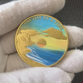 Serene Beach Sunrise Sobriety Chip ONE Day at A TIME AA Medallion Serenity Prayer Coin Recovery Gift (Pack of 4)