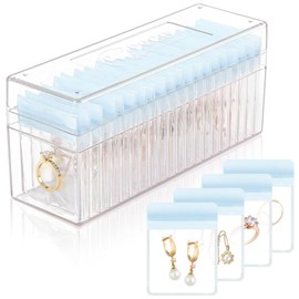 HOMEHIVE Acrylic Jewelry Box Organizer, Clear Jewelry Organizer Holder with 20 Portable Anti Tarnish Jewelry bags, Travel Jewelry Case for Earrings/Rings/Necklaces for Women Girls, Blue