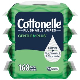 Cottonelle GentlePlus Flushable Wet Wipes with Aloe & Vitamin E, 4 Flip-Top Packs, 42 Wipes Per Pack (168 Total Wipes), Packaging May Vary