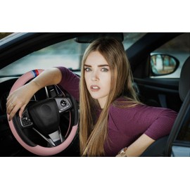 Cxtiy Leather Steering Wheel Cover for Women, Non-Slip Car Wheel Cover Wrap Breathable Microfiber Leather Universal Fit for Most Cars (Pink)