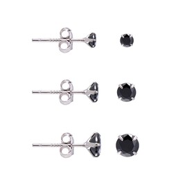 Black Cubic Zirconia Studs Earrings Set, 3 Pairs Sterling Silver Earrings Studs 3MM 4MM 5MM