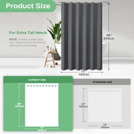 Dynamene Extra Long Shower Curtain - 96 Inch Long Waffle Weave Weighted Thick Cloth Bathroom Shower Curtain, Neutral Heavy Duty Hotel Bath Curtain Set with 12 Plastic Hooks,72x96, Charcoal Grey