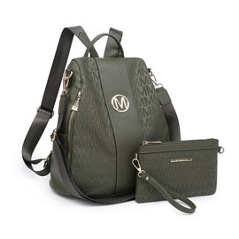 MKP COLLECTION Women Fashion Backpack Purse Multi Pockets Anti-Theft Rucksack Ladies Travel Shoulder Bag Handbag Set 2pcs - Color: Olive