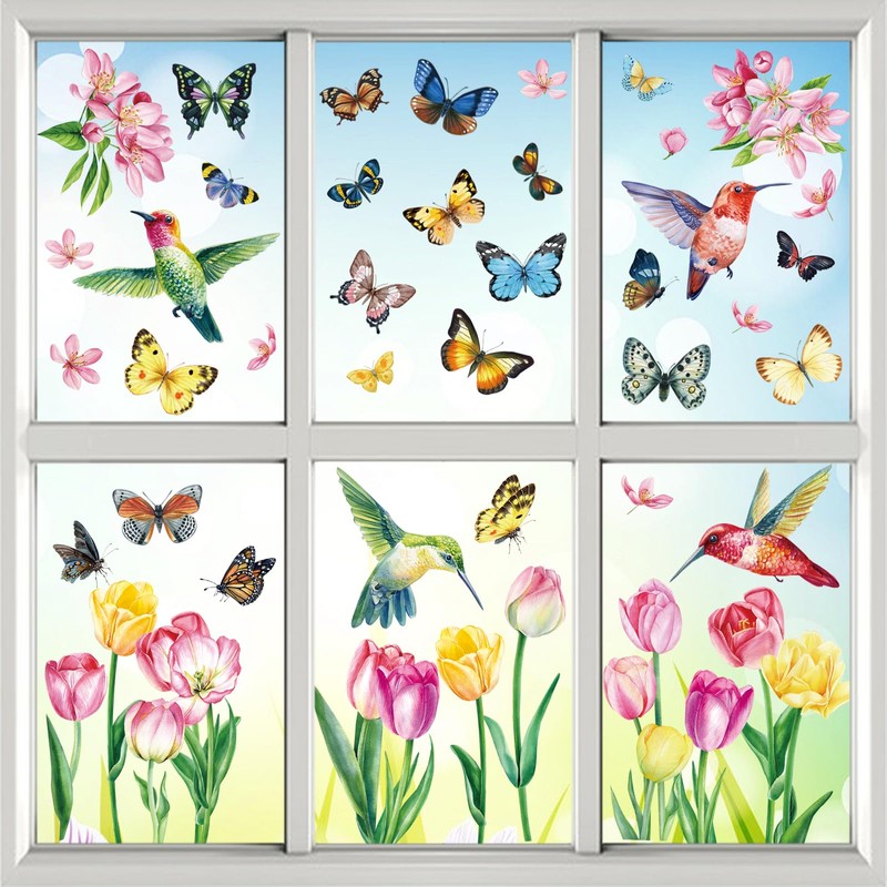 Spring Tulip Window Clings, 61 Pcs Butterfly Tulip Flower Hummingbird