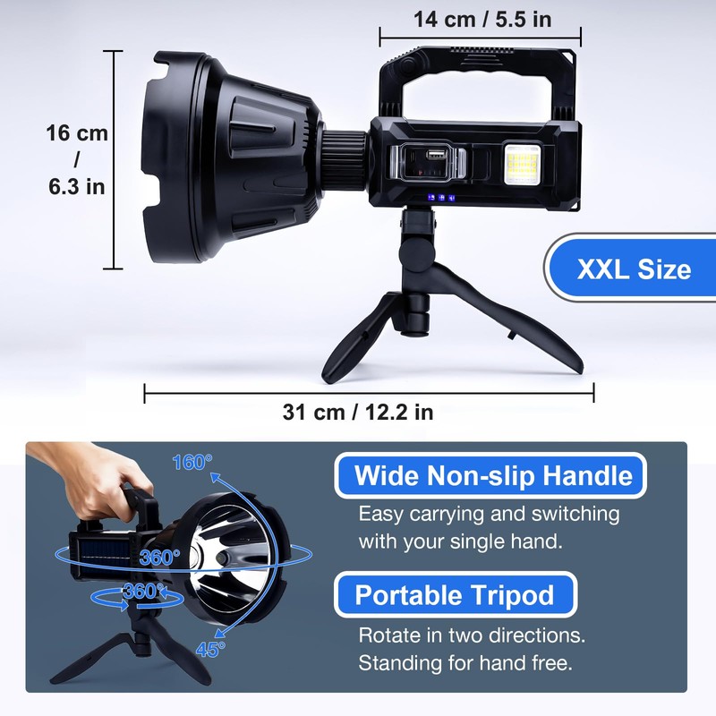 Peascat Rechargeable Spotlight Flashlight Handheld 3,000,000L, 6 Modes Super Bright