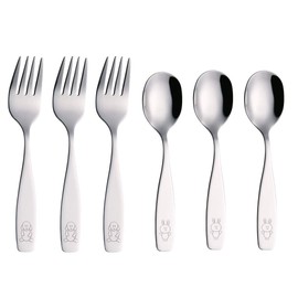 ANNOVA Kids Silverware Children's Safe Flatware Set Stainless Steel - Children Forks, Children Dinner Spoons, Toddler Utensils, Metal Cutlery Set for LunchBox (Engraved Dog Bunny) (Stainless Steel, 6)