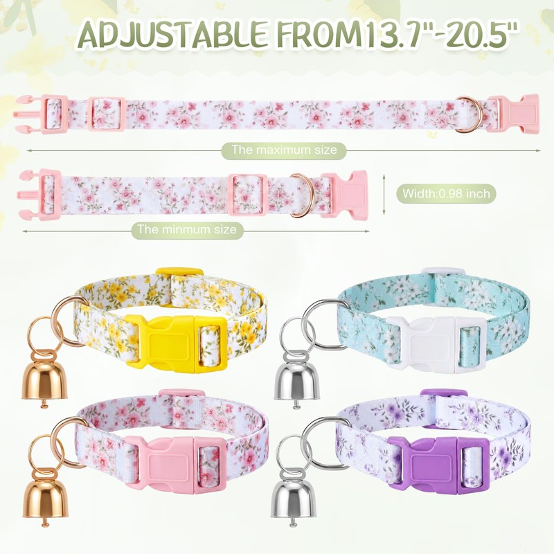 Yeyeplum 4 Pack Goat Collars with Bells Set, Adjustable Floral