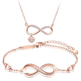 INFINIONLY Jewellery Sets, Women's girl's Necklace and Bracelet, 925 sterling silver necklace bracelet, Fashion diamond infinity symbol pendant bracelet, Inlaid zircon, rose gold