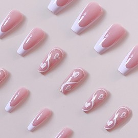 24 Pcs Valentines Press on Nails Heart Love Fake Nails Medium Coffin Shaped False Nails Golden Stripe Designs Glitter Acrylic Nails Full Cover Sparkly Valentine Stick on Nails for Women Nail Art