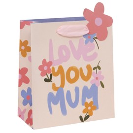 Glick Luxury Gift Bag, Love You Mum Gift Bag, Suitable for Mother's Day and Mums Birthday, Petals and Posies With Love Design, 20w x 22.5h x 10.0d cms, Pink & Purple